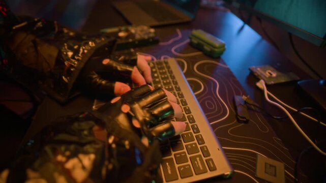 Handheld shot of focused futuristic man in AR visor typing on keyboard while launching hack on computer at table with passport in dark cyberpunk office space