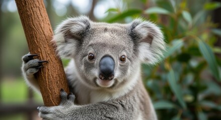 Obraz premium Adorable koala clinging to tree trunk in natural habitat