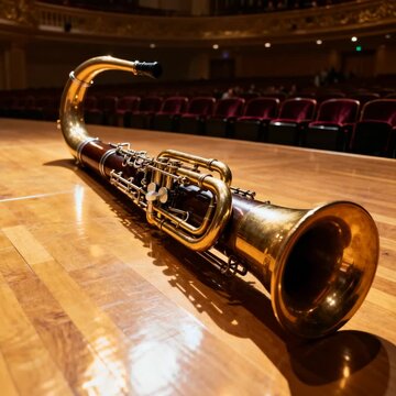 large contrabassoon positioned in orchestral hall rotate video conceptual instrument