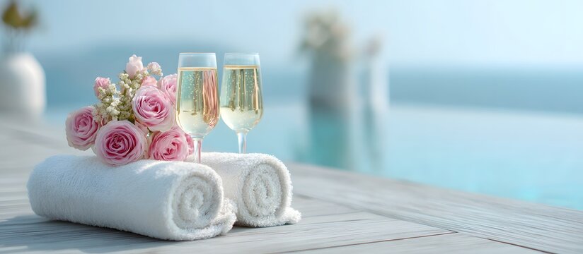 infinity pool with rolled-up towels and romantic decorations for Valentine's Day