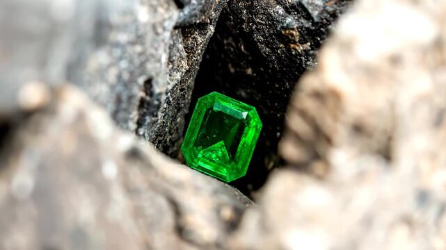 A vivid, brilliant green gemstone nestled within rough, dark, textured rock. It's a close-up, macro shot