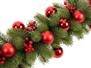 Obraz premium Decorative christmas evergreen garland with red baubles and berries on lush green pine branches for holiday decoration isolated on transparent background