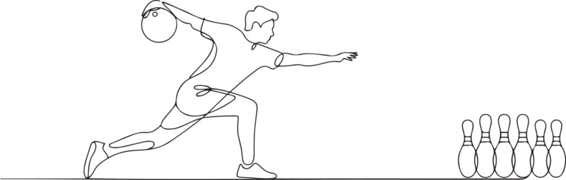 One single line drawing of young talented bowling player man throw ball to hit bowling pins graphic vector illustration. Healthy people lifestyle and sport concept. one line Icon drawing