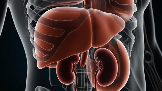 Detailed 3D render of human anatomy showing liver and kidneys