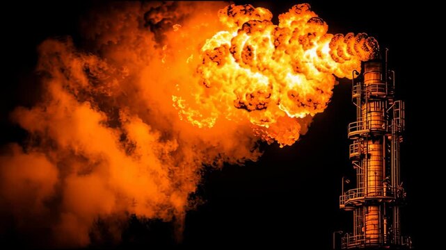 Flame Flare Stack at Refinery Emits Roaring Orange Flames During Nighttime Operations