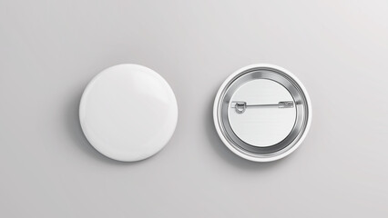 White badge pin brooch mockup. White round badge on metal pin - 3d illustration