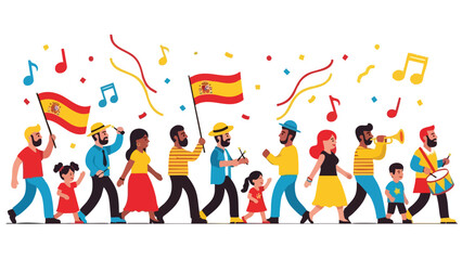 Illustration of a diverse group of people walking and celebrating with Spanish flags and musical notes in a colorful, flat design with a festive mood on a white background.