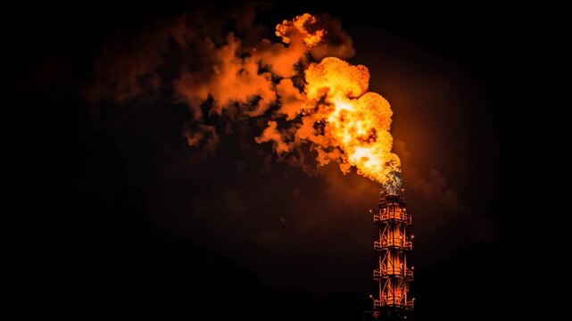 Flame Flare Stack at Refinery Produces Bright Orange Flames and Smoke in the Night Sky With a Show of Energy and Power