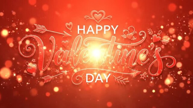 Festive Valentine's Day design with elegant typography and decorative elements on a red background.
