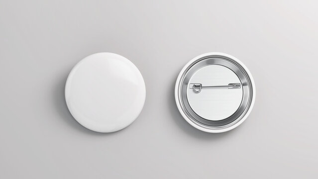 White badge pin brooch mockup. White round badge on metal pin - 3d illustration