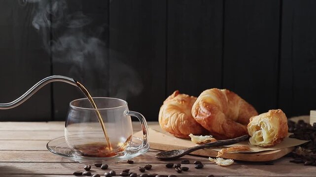 The slow-motion video shows black coffee being poured into a cup. Roasted coffee beans and bread are arranged on the table. The video was filmed with a digital camera and edited by a contributor.