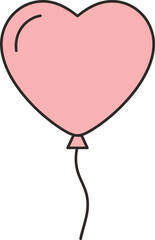 Pink heart shaped balloon vector illustration with thin black outline, cute minimalist romantic icon for valentine or birthday celebration