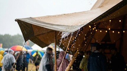 Rainy market scene with people shopping under a tent with dripping water and string lights