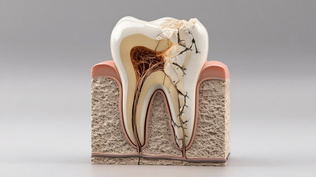 Cracked Tooth with Exposed Pulp. 3D Dental Anatomy Illustration.