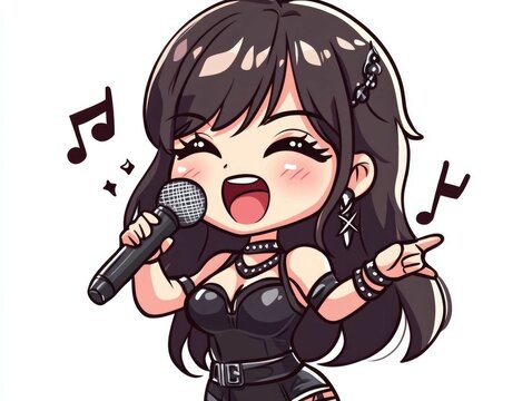 Charming Chibi Figure Singing Energetically and Holding Microphone in Vibrant Lively Karaoke Performance on Isolated White Background