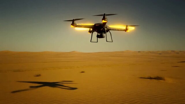 Desert training field interception drone performs perfect arc maneuver with golden EM pulse, 8K, 2026