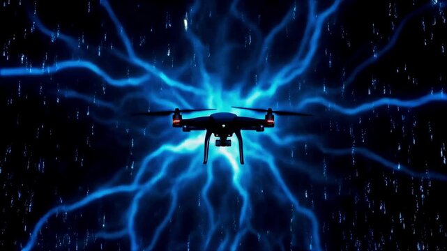 Drone slams EMP pulse at close range, energy burst looping flawlessly, electric blue glow, 8K, 2026