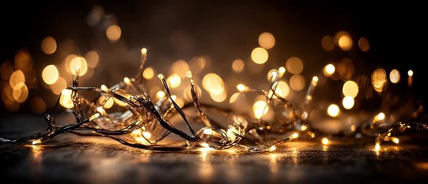 Fairy light bokeh warm light glowing decoration holiday celebration sparkle vdo loop dreamy rustic surface cozy golden bokeh festive light string light night abstract background decoration