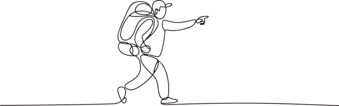 Single continuous line drawing direction pointer hiker man backpacks hiking traveling and tourism. Trekking wild nature recreation and sport backpacking trip. one line Icon drawing
