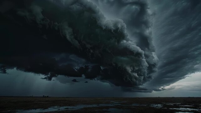 Dramatic wide shot depicts a looming supercell thunderstorm over a wet, flat landscape
