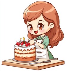 Adorable Chibi Character Baking a Delicious Birthday Cake with Festive in a Whimsical Kawaii Style on a Bright White Background Capturing a Joyful Celebratory Moment