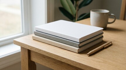 Fototapeta premium minimalist stack of blank notebooks on wooden desk