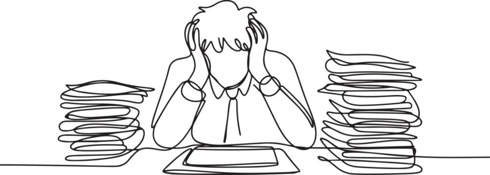 Single continuous line drawing of young frustrated businessman got headache facing pile of papers project on his desk. Overtime work at the office concept. one line Icon drawing