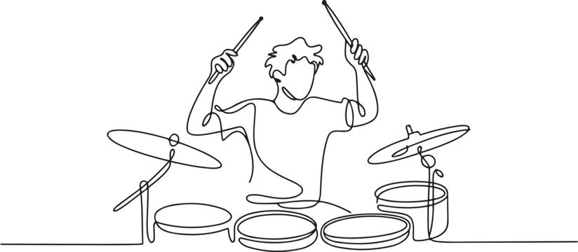 Single continuous line drawing of young happy male drummer performing to play drum on music concert stage. Musician artist performance concept. one line Icon drawing