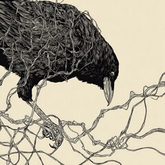Fototapeta premium Monochrome illustration of a raven perched on winding branches, pecking downwards