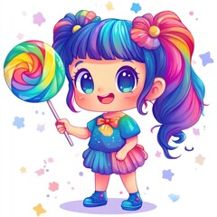 Fototapeta premium Adorable chibi style character with a cheerful playful expression holding a large colorful rainbow lollipop against a clean white background This sweet