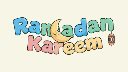 Cute Ramadan Kareem text with a sleeping crescent moon and a lantern, celebrating the holy month.