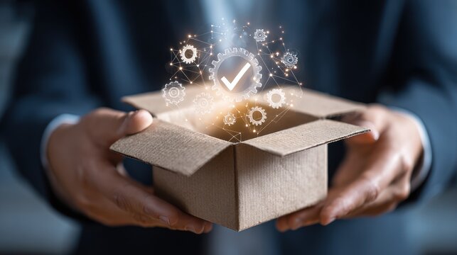 Unveiling Success: A hand holds open a cardboard box, with a glowing check mark and technical elements emerging, symbolizing the delivery of a successful project.