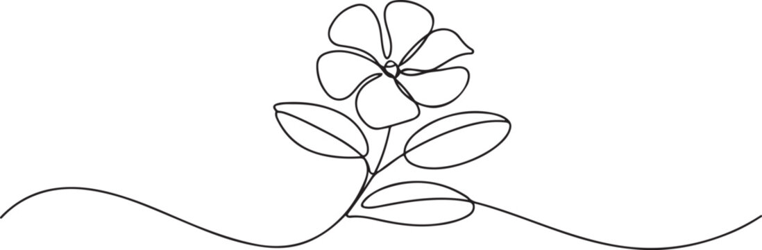 Single one line drawing of beauty fresh catharanthus for garden logo. Decorative periwinkle flower concept for home wall decor art poster print. one line Icon drawing