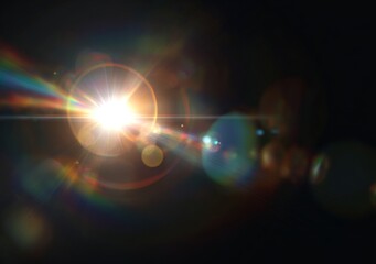Stunning lens flare and light effect with a bright light source, creating an abstract background featuring an optical flare and vibrant spectral colors.