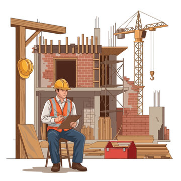Man in construction site reading a book sitting on a chair