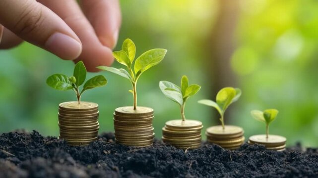 A hand nurturing sprouts growing on stacks of gold coins. This symbolizes financial growth and sustainable investments. Nature meets wealth in harmony. Generative AI