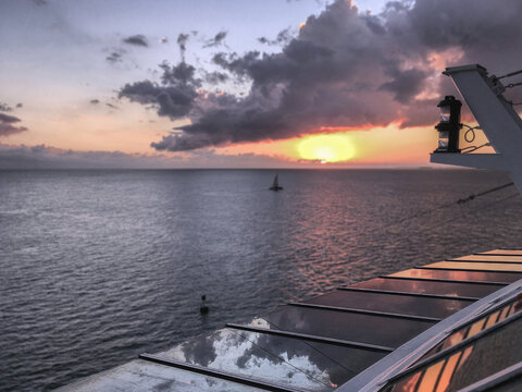 Panoramic ocean view from outdoor patio terrace deck of luxury cruiseship cruise ship liner during relaxing dream holiday Caribbean cruising