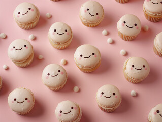 Obraz premium Cute Character Cupcakes Flat Lay on Pink Background