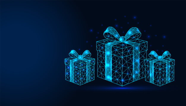 Low poly wireframe three gift boxes with bows on dark blue background.