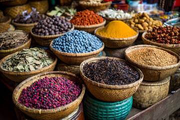 Fototapeta premium Colorful display of spices and herbs in baskets at a market in the afternoon