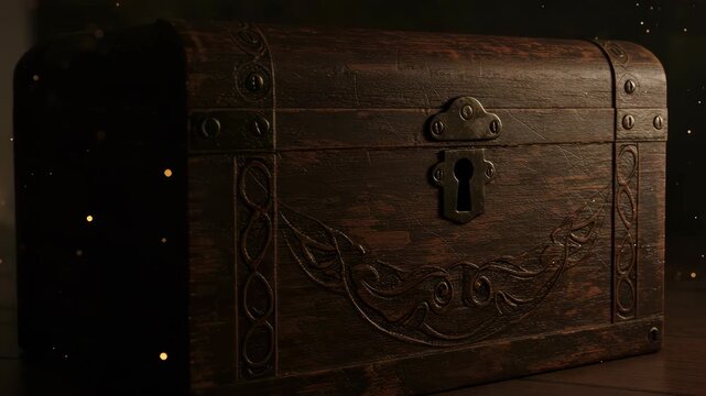 Ornate Wooden Treasure Chest with Metal Accents and Intricate Carvings Under Soft Lighting on Rustic Surface for Adobe Stock Photo