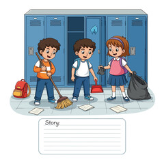 Three kids standing in front of school lockers with cleaning supplies and backpacks nearby