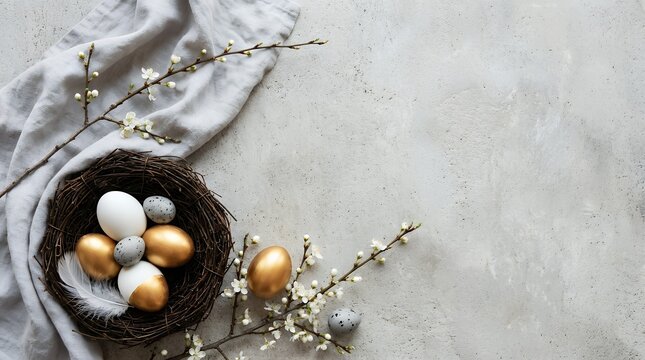 A rustic bird's nest filled with golden and speckled Easter eggs alongside blooming branches and soft fabric creating a festive spring scene celebration holiday birds nest tradition