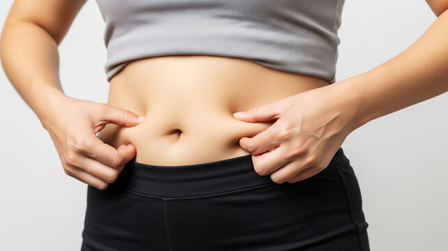 Woman Measuring Unwanted Abdominal Fat with Her Hands