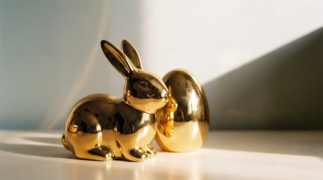 Gleaming gold decorative bunny and egg figurines casting sharp shadows on a bright white surface under studio lighting rabbit easter decoration shiny metallic reflective luxury elegant