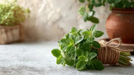 Bunch of fresh oregano tied with twine on a textured surface, with a blurred background featuring a terracotta pot. © Stock by Farhad