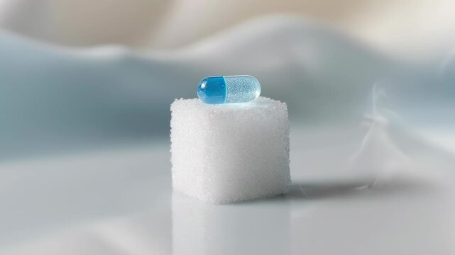 A translucent blue capsule rests atop a white, porous cube against a blurry backdrop