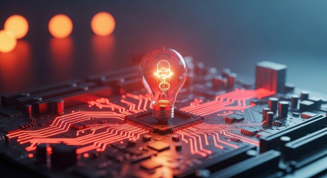 Innovative technology concept with glowing light bulb on circuit board