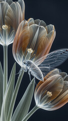 A stunning macro view of a transparent tulip featuring a translucent cicada perched inside the petals, illuminated by warm orange light for a magical effect.
