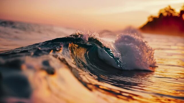 An oceanic wave crests, reflecting sunset hues. Water curves, light streams through, sky softly colored